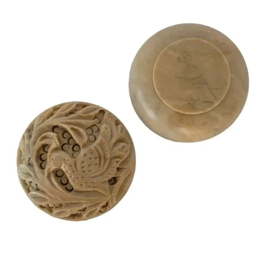 Vintage Hand Carved Soapstone Trinket Box Round Small Bird Carving Boho Deco Box